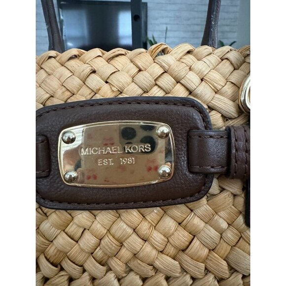 Authentic Michael Kors Woven Straw Naomi Brown Beige Large Tote Womens Handbag - Picture 3 of 4